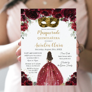 Masquerade Quinceañera Rich Burgundy Red Floral Invitation