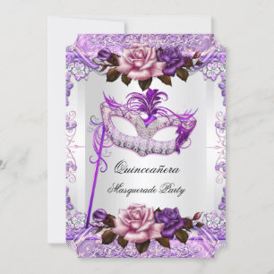 Masquerade Quinceanera Silver Pink Purple Rose Invitation
