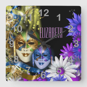 Masquerade quinceanera Venetian masks PERSONALIZE Square Wall Clock