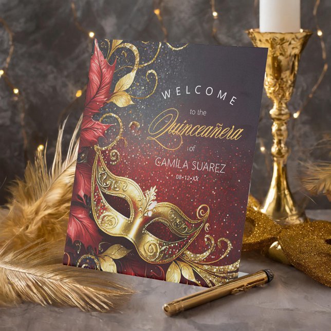 Masquerade Quinceañera Welcome Red Gold ID1031 Pedestal Sign (Creator Uploaded)