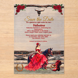 Masquerade Ranch Quinceañera Red Glam Girl & Name Acrylic Invitations