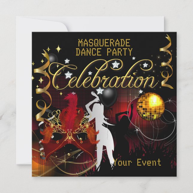 MASQUERADE Red Gold Dance Party Disco Ball Invitation (Front)