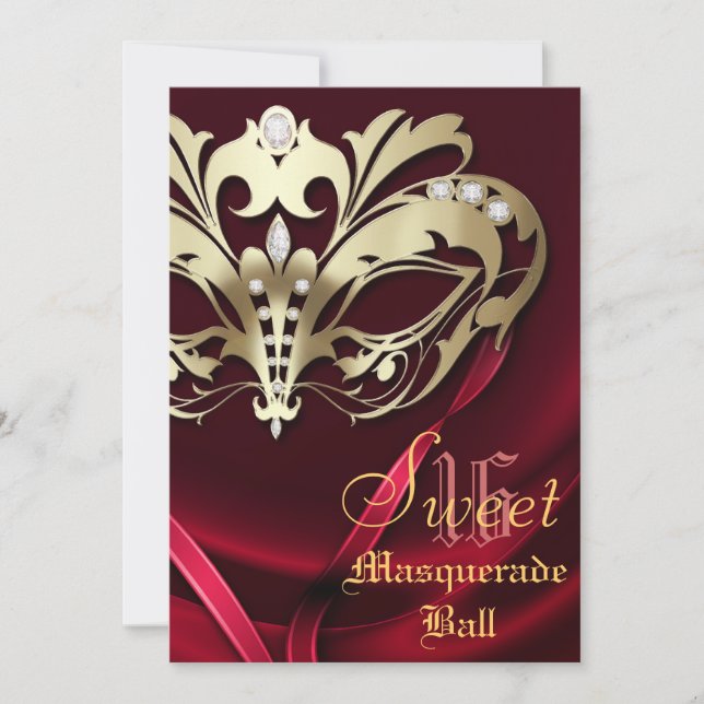 Masquerade Red Jewelled Sweet 16 Invitation (Front)
