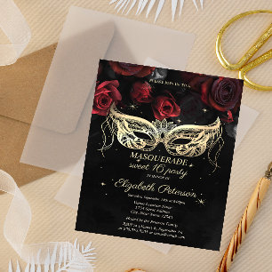 Masquerade Red Roses Gothic Sweet 16 Invitation Postcard