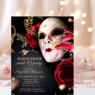 Masquerade Red Roses Sweet 16 Invitation Postcard