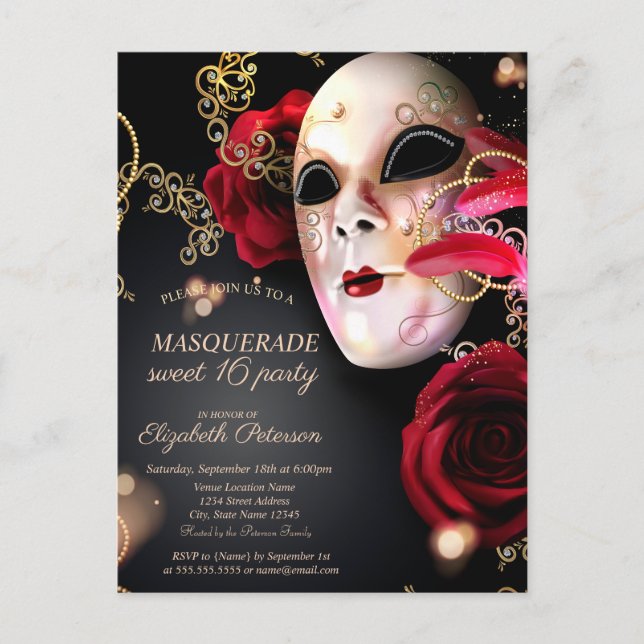 Masquerade Red Roses Sweet 16  Invitation Postcard (Front)