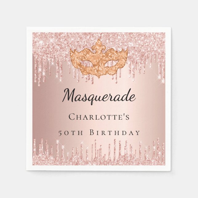 Masquerade rose gold drips birthday party  napkin (Front)