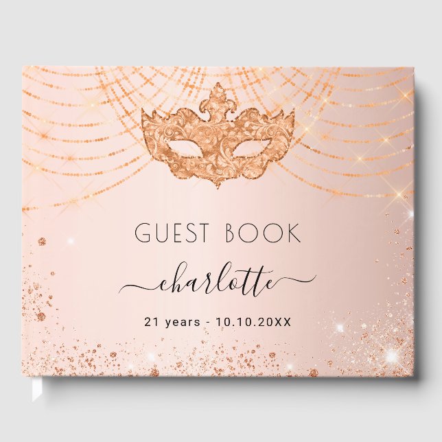 Masquerade rose gold glitter birthday party guest book (Front)