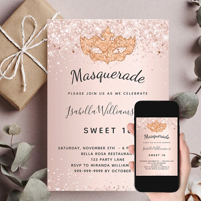 Masquerade rose gold glitter dust Sweet 16 Invitation (Creator Uploaded)