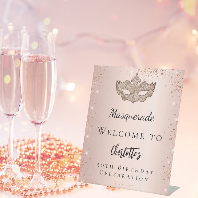 Masquerade rose gold glitter mask welcome pedestal sign (Creator Uploaded)