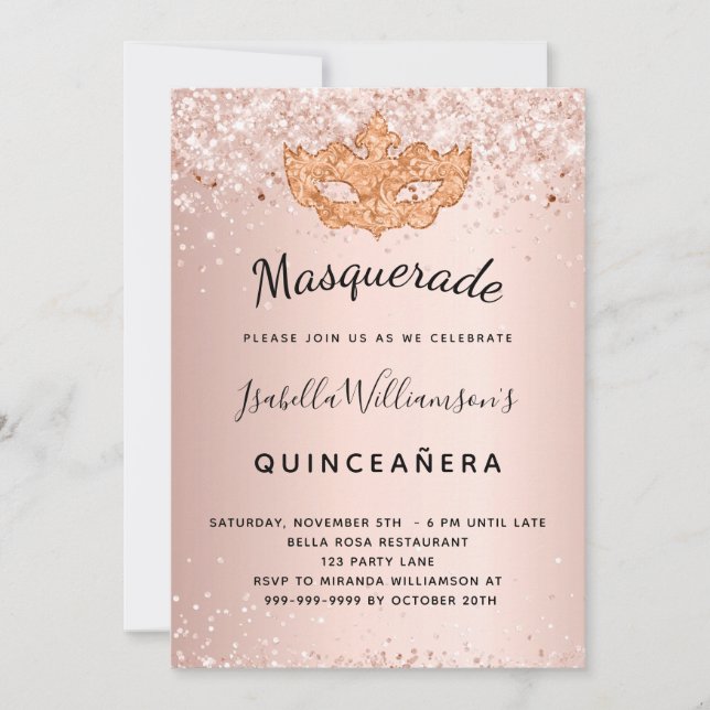 Masquerade rose gold glitter Quinceanera Invitation (Front)
