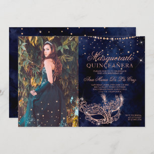 Masquerade rose gold glitter quinceanera photo invitation
