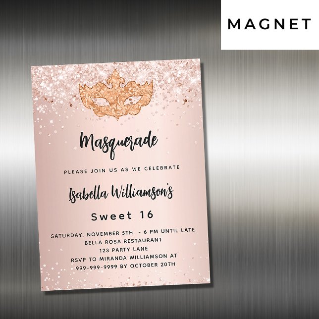 Masquerade rose gold glitter Sweet 16 luxury Magnetic Invitation (Creator Uploaded)