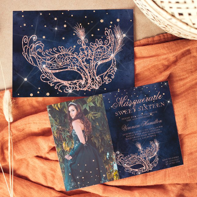 Masquerade rose gold glitter Sweet 16 photo Invitation (Creator Uploaded)