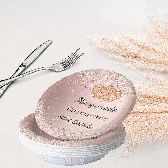 Masquerade rose gold mask birthday party paper plate (Creator Uploaded)