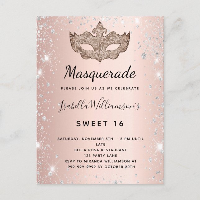 Masquerade rose gold silver glitter dust Sweet 16 Invitation Postcard (Front)