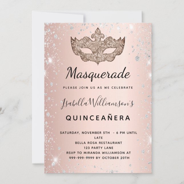 Masquerade rose gold silver glitter Quinceanera Invitation (Front)