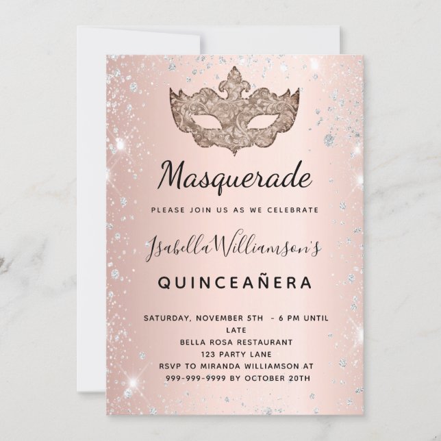Masquerade rose gold silver glitter Quinceanera Invitation (Front)