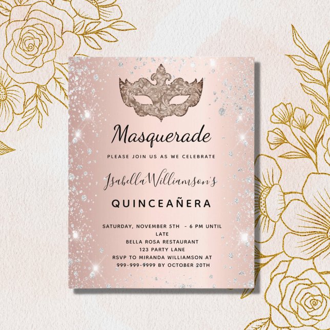 Masquerade rose gold silver Quinceanera invitation (Creator Uploaded)