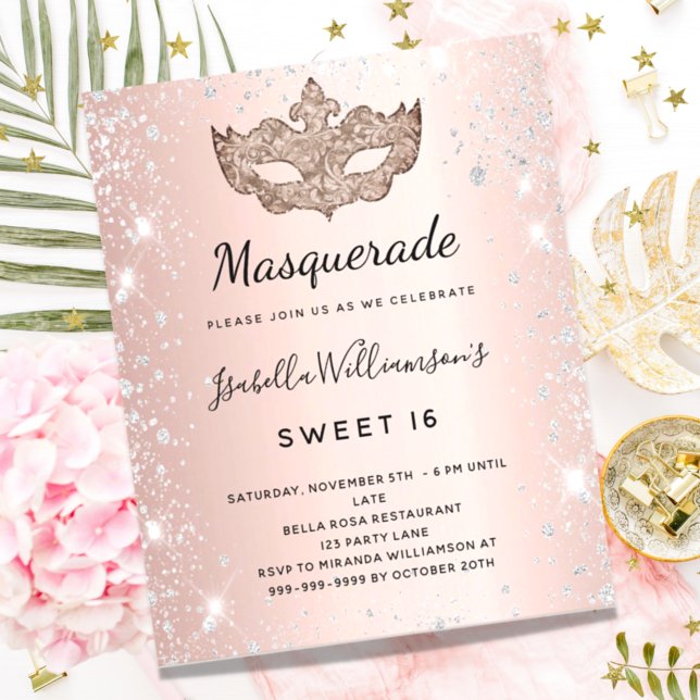 Masquerade rose gold silver Sweet 16 invitation (Creator Uploaded)
