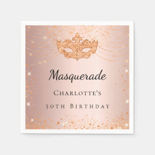 Masquerade rose gold sparkles birthday party napkin
