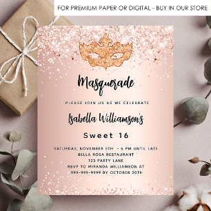 Masquerade rose gold Sweet 16 budget invitation Flyer