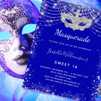 Masquerade royal blue Sweet 16 budget invitation