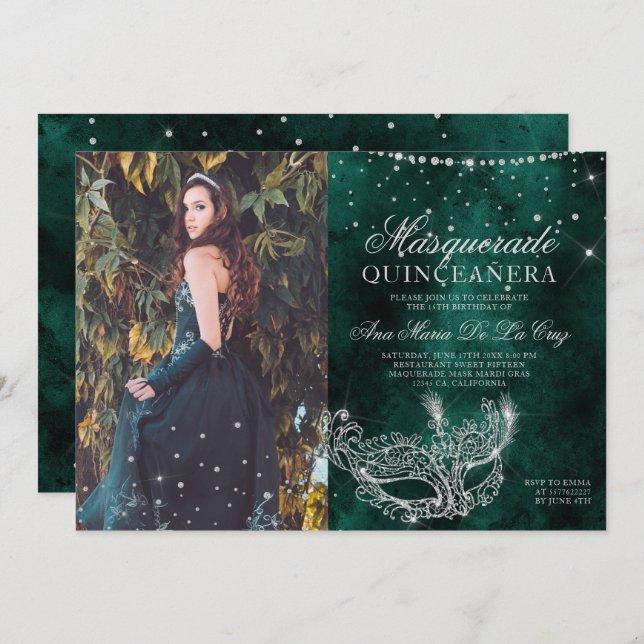 Masquerade silver glitter green quinceanera photo invitation (Front/Back)