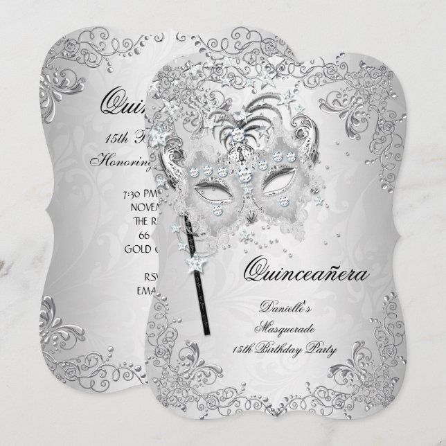 Masquerade Silver Quinceanera 15th Birthday Invitation (Front/Back)