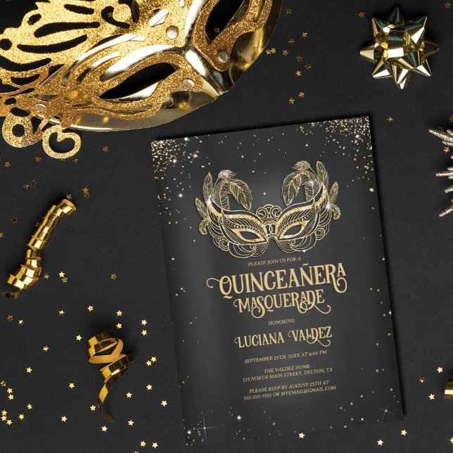 Masquerade Sparkly Gold Glitter Black Quinceañera Invitation (Creator Uploaded)