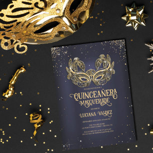 Masquerade Sparkly Gold Glitter Blue Quinceañera Invitation