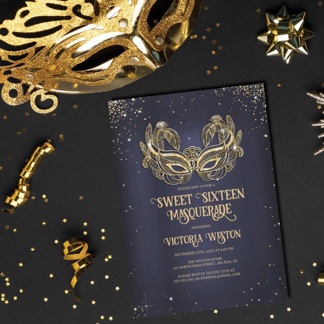 Masquerade Sparkly Gold Glitter Navy Blue Sweet 16 Invitation (Creator Uploaded)