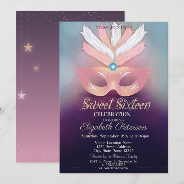 Masquerade,Stars, Ombre Sweet 16 Invitation (Front/Back)