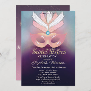 Masquerade,Stars, Ombre Sweet 16 Invitation