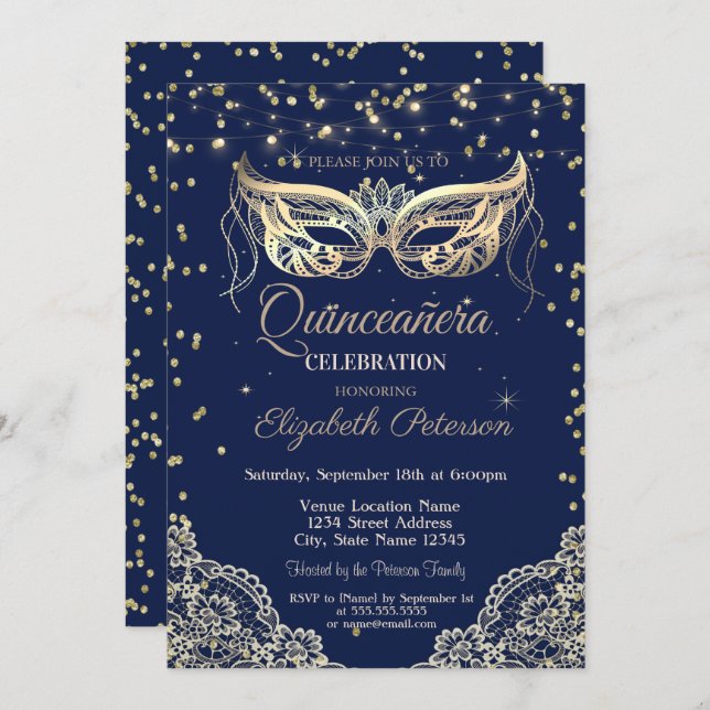 Masquerade,String Lights,Lace,Diamonds Quinceañera Invitation (Front/Back)