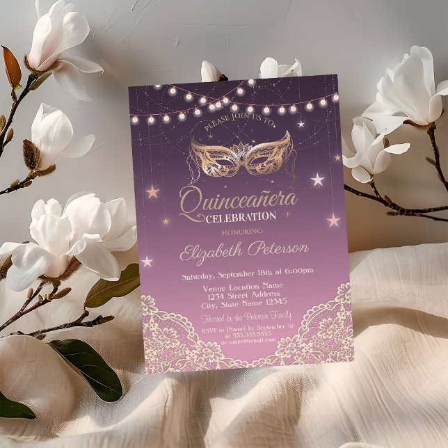 Masquerade,String Lights,Lace  Quinceañera Invitation (Creator Uploaded)