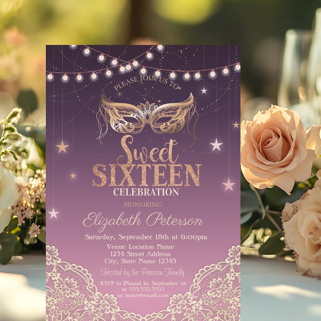 Masquerade,String Lights,Lace Sweet 16 Invitation (Creator Uploaded)