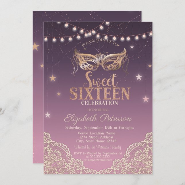 Masquerade,String Lights,Lace Sweet 16 Invitation (Front/Back)