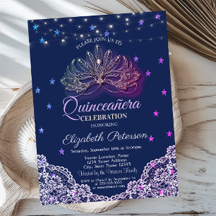 Masquerade,String Lights,Stars,Lace Quinceañera Invitation
