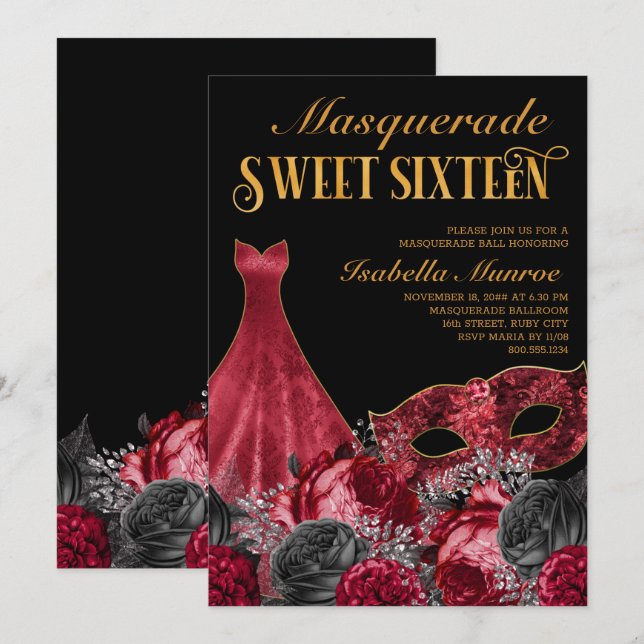 Masquerade Sweet 16 Black Red Gold 16th Birthday Invitation (Front/Back)