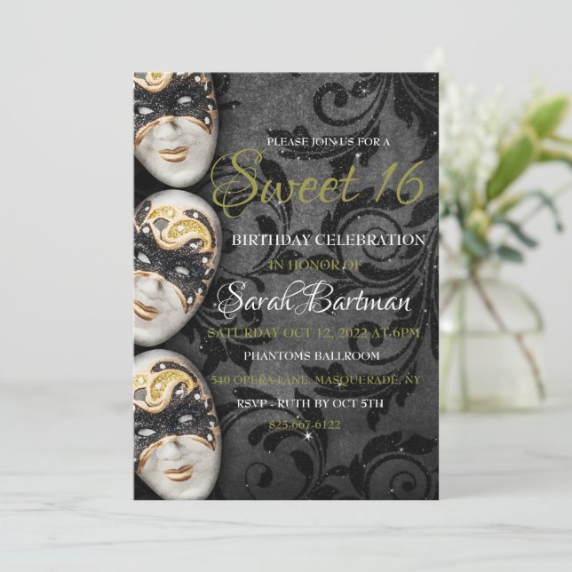 Masquerade Sweet 16 invitation (Standing Front)