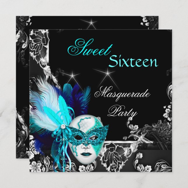 Masquerade Sweet 16 Mask Teal Blue Black Party Invitation (Front/Back)