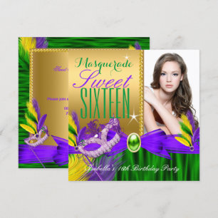 Masquerade Sweet 16 Purple Green Gold Feather Mask Invitation
