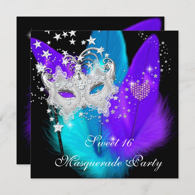 Masquerade Sweet 16 Purple Teal Black Feather Mask Invitation (Front/Back)