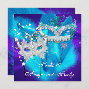Masquerade Sweet 16 Purple Teal Blue Mask Invitation