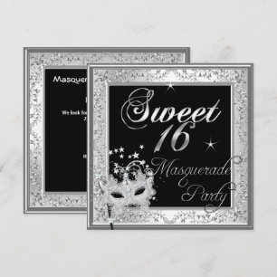 Masquerade Sweet 16 Sixteen Birthday Black White Invitation