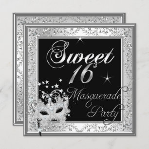 Masquerade Sweet 16 Sixteen Birthday Black White Invitation
