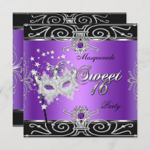 Masquerade Sweet 16 Sixteen Birthday Purple Black Invitation