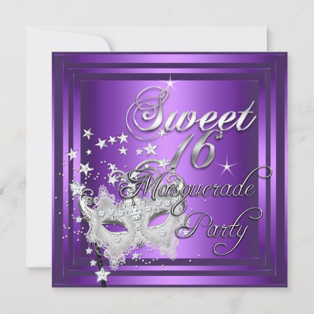 Masquerade Sweet 16 Sixteen Birthday Purple White Invitation (Front)