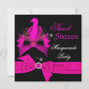 Masquerade Sweet 16 Sixteen Hot Pink Mask Party Invitation